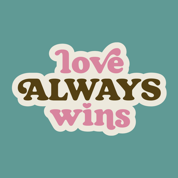 love always wins sweatshirt design featuring colorful text on a blue background