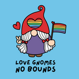 Cute female gnome with rainbow flag, celebrating love and inclusivity in a whimsical design. Love Gnomes No Bounds T-shirt.