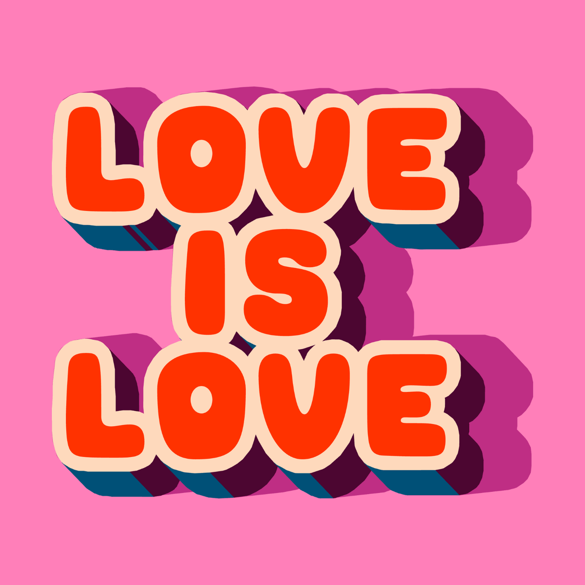 Love Is Love Pillow – Bright Retro Pride Home Decor with colorful retro lettering on a pink background.