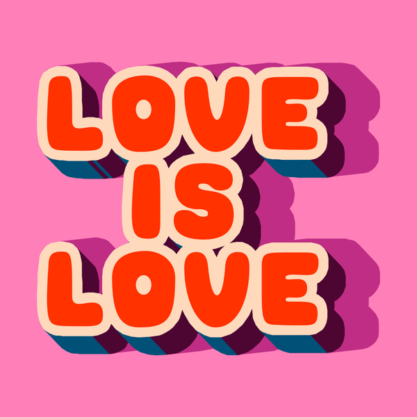Love Is Love Pillow – Bright Retro Pride Home Decor with colorful retro lettering on a pink background.