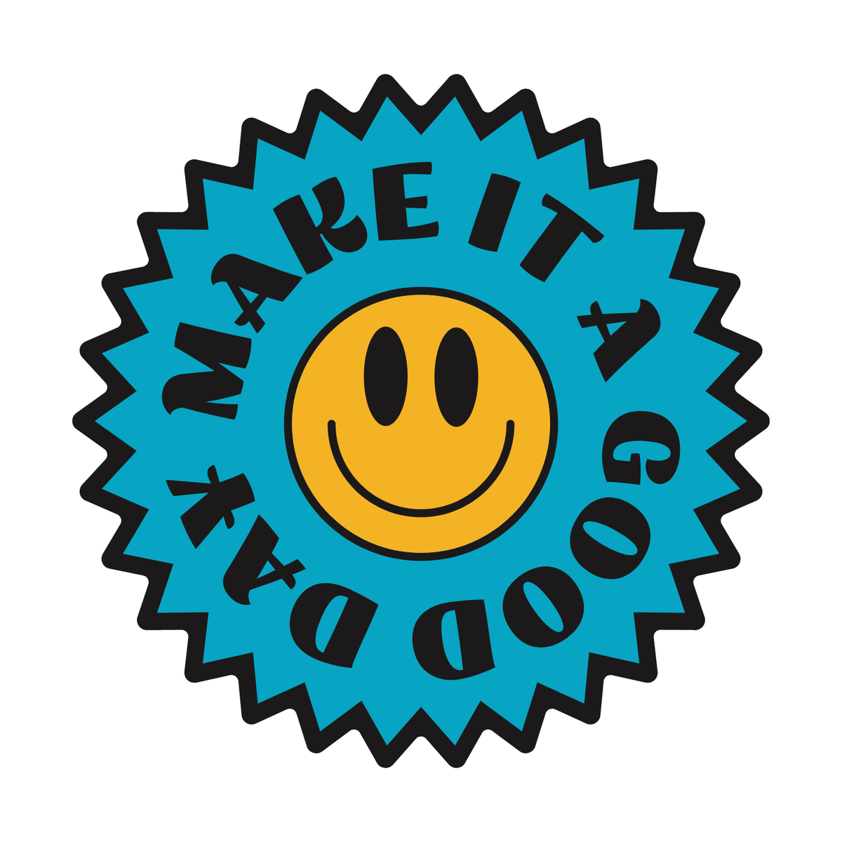 Bright and cheerful Make It a Good Day Mug design with a smiley face and starburst pattern.