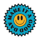 Bright and cheerful Make It a Good Day Mug design with a smiley face and starburst pattern.