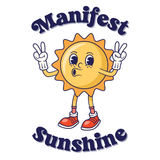 Cartoon sun with peace signs and the text 'Manifest Sunshine' for the Manifest Sunshine T Shirt.