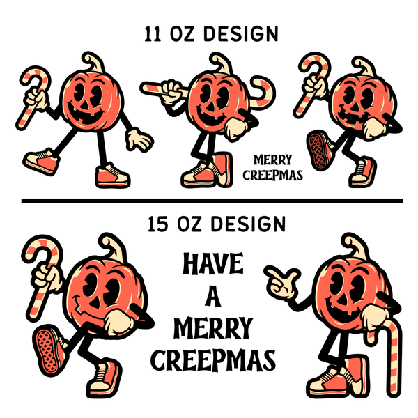 Merry Creepmas Mug featuring playful pumpkin characters with candy canes and text designs for 11 oz and 15 oz.