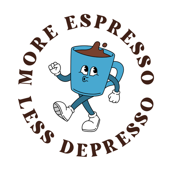 More Espresso Less Depresso Mug with a cheerful coffee cup graphic and playful font.