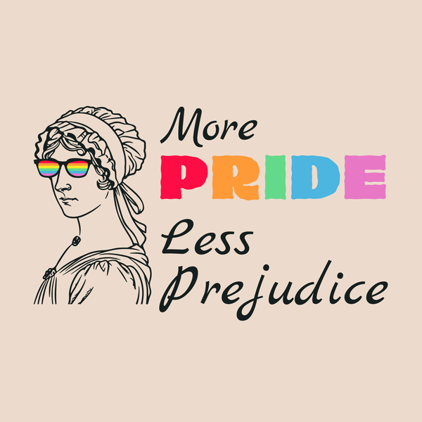 More Pride Less Prejudice Tote design featuring colorful text and a strong female figure with rainbow sunglasses.