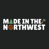 Graphic text design 'Made in the Northwest' featuring a tree, log, and axe, perfect for nature enthusiasts.