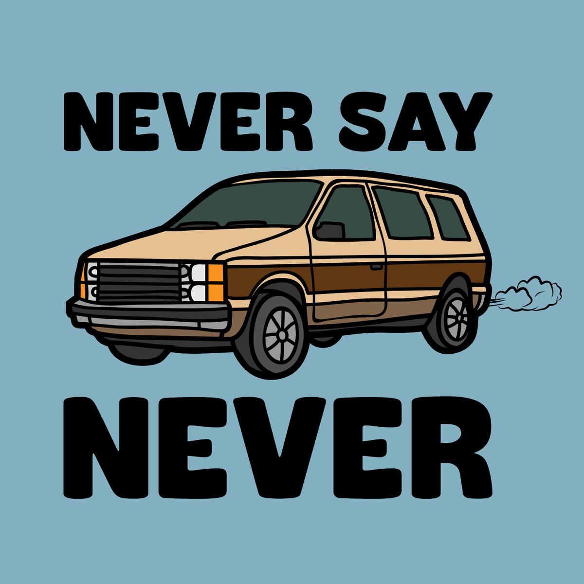 Never Say Never Vintage Van Durable Everyday Tote featuring a playful Dodge Caravan graphic.