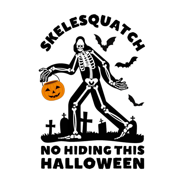 Skelesquatch Halloween tee featuring a skeleton Sasquatch with a pumpkin bucket in a graveyard.