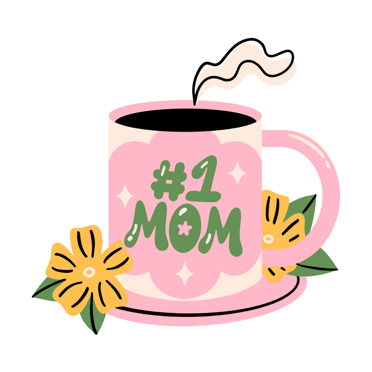 Number One Mom Mug with hand-drawn florals and steaming coffee design in soft pink and green colors.