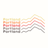 Stylized graphic of 'Portland' with layered mountain design in mid-century colors, highlighting Portland's outdoor spirit.