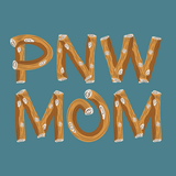 PNW Mom logo design featuring bold log-style lettering on a teal background.