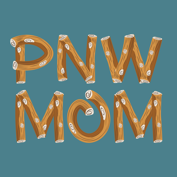 PNW Mom logo design featuring bold log-style lettering on a teal background.