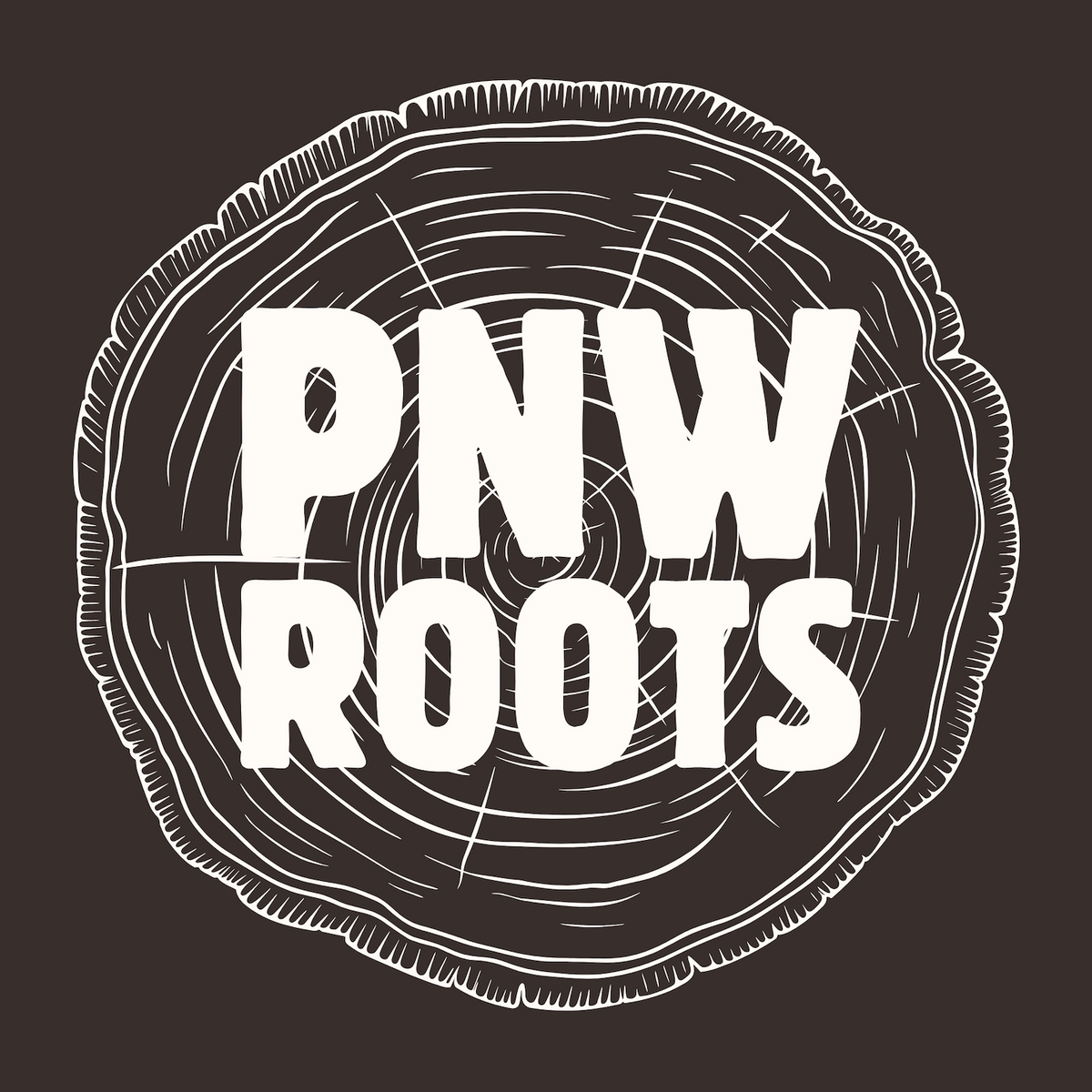 PNW Roots t-shirt design featuring wood slice background, symbolizing the Pacific Northwest's natural beauty.