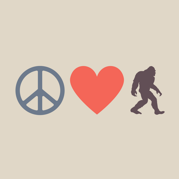 Peace, Love, and Bigfoot design featuring a peace symbol, heart, and Bigfoot silhouette for a playful hoodie.