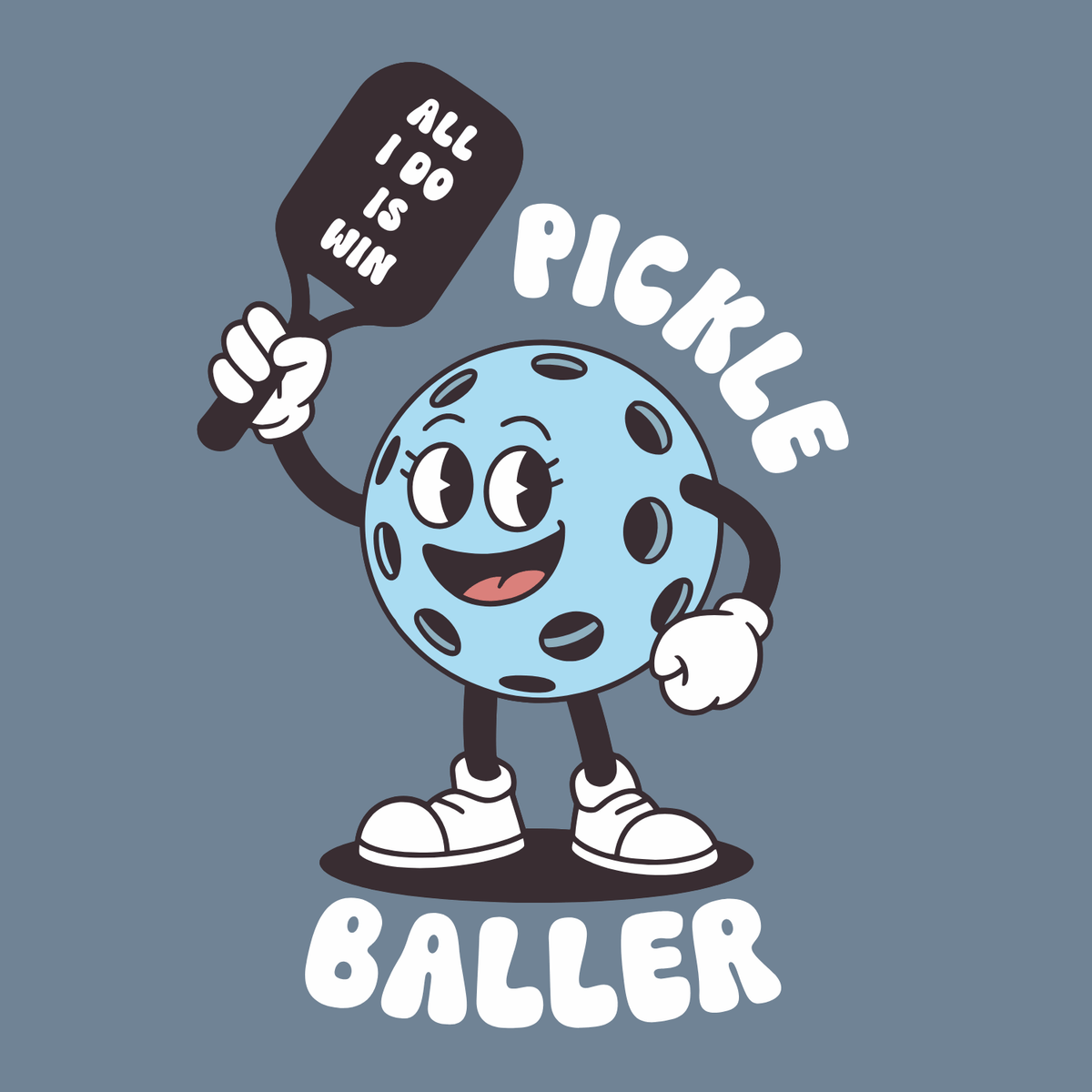 Playful pickleball character holding a paddle with text 'pickle baller' - perfect for pickle baller t shirt fans.