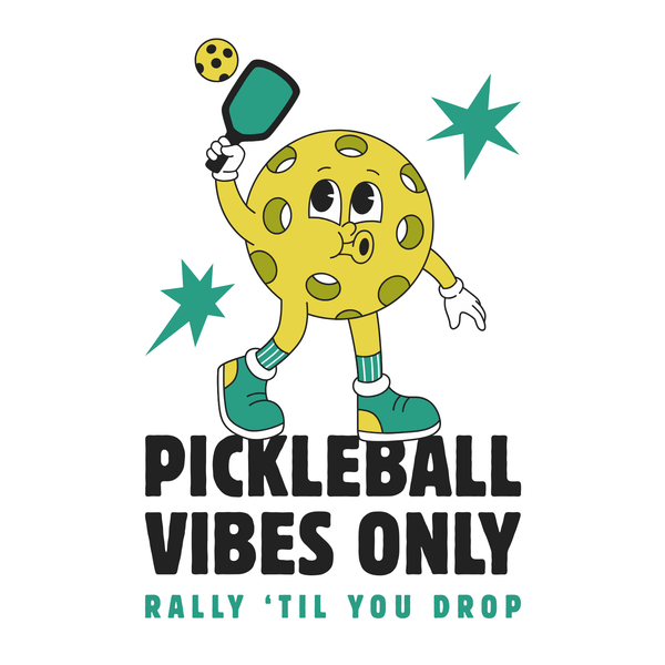 Pickleball Vibes Only T Shirt featuring a retro-style pickleball character with paddle and vibrant colors.