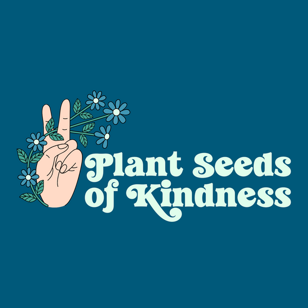 Plant Seeds of Kindness tee featuring a hand peace sign adorned with flowers, symbolizing love and positivity.