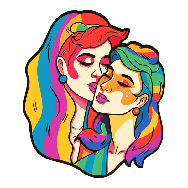 Pride Lesbian Couple Mug featuring two colorful female figures sharing a tender moment with rainbow hair.