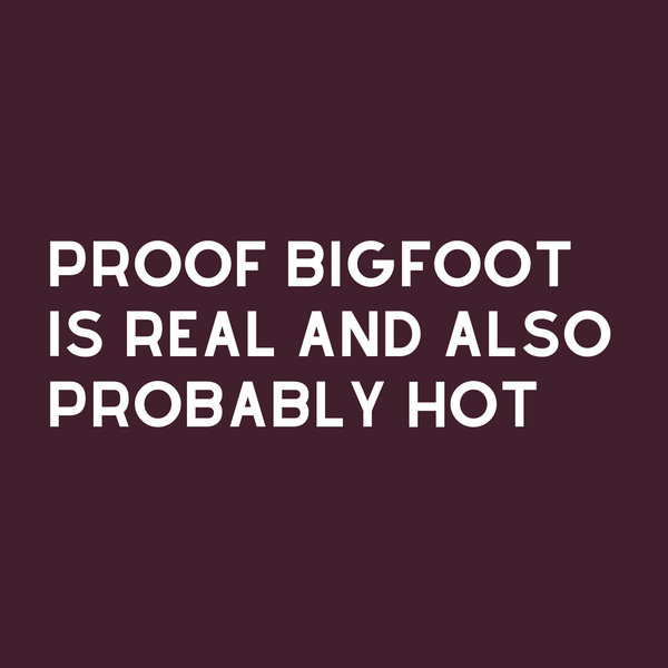 Text design saying 'Proof Bigfoot is real and also probably hot' on a dark background for a spiral notebook.
