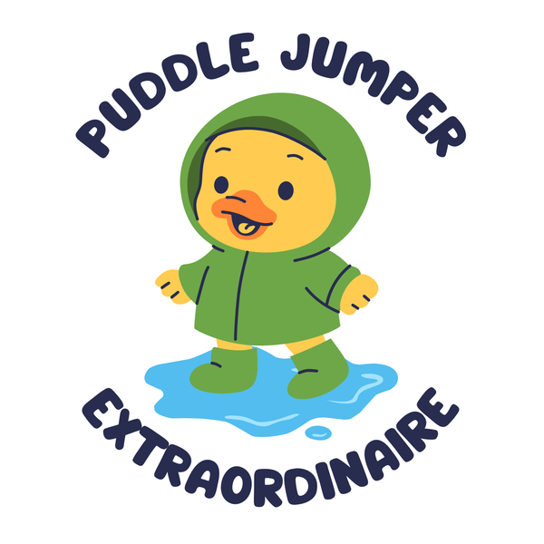 Cheerful duck in green raincoat mid-splash with text 'Puddle Jumper Extraordinaire Toddler Tee'.