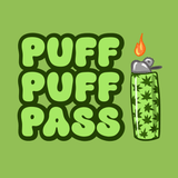 Puff Puff Pass T Shirt – Retro Cannabis Graphic Tee with bold graphic and lighter illustration on a green background.