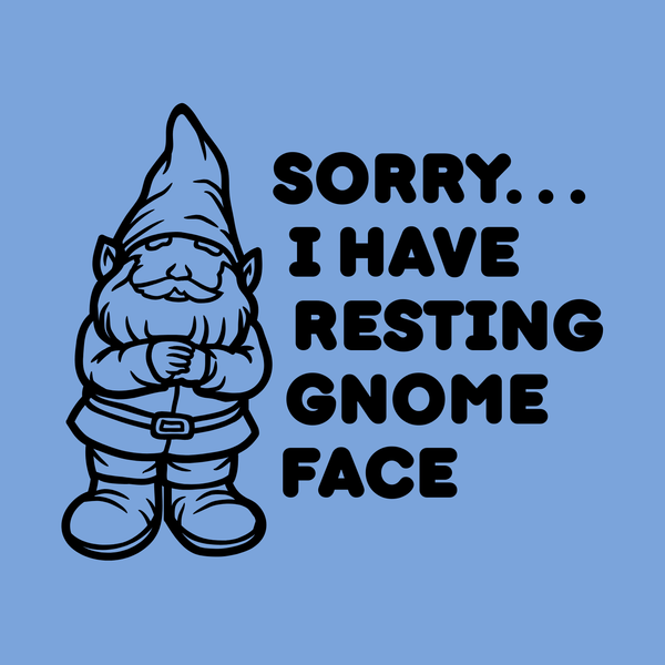 Funny graphic of a grumpy gnome with text 'Sorry... I have resting gnome face' on a blue background.