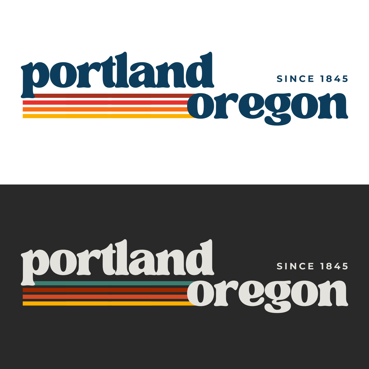 Minimalist graphic of 'portland oregon' with retro stripes, featured on the retro Portland hoodie.