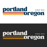 Minimalist graphic of 'portland oregon' with retro stripes, featured on the retro Portland hoodie.