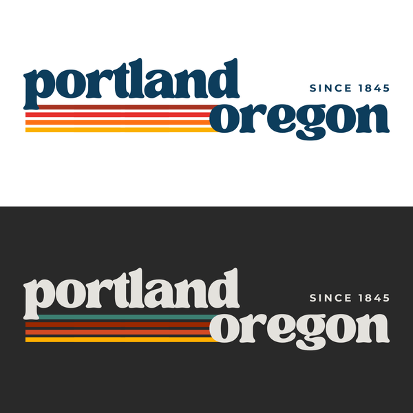 Minimalist graphic of 'portland oregon' with retro stripes, featured on the retro Portland hoodie.