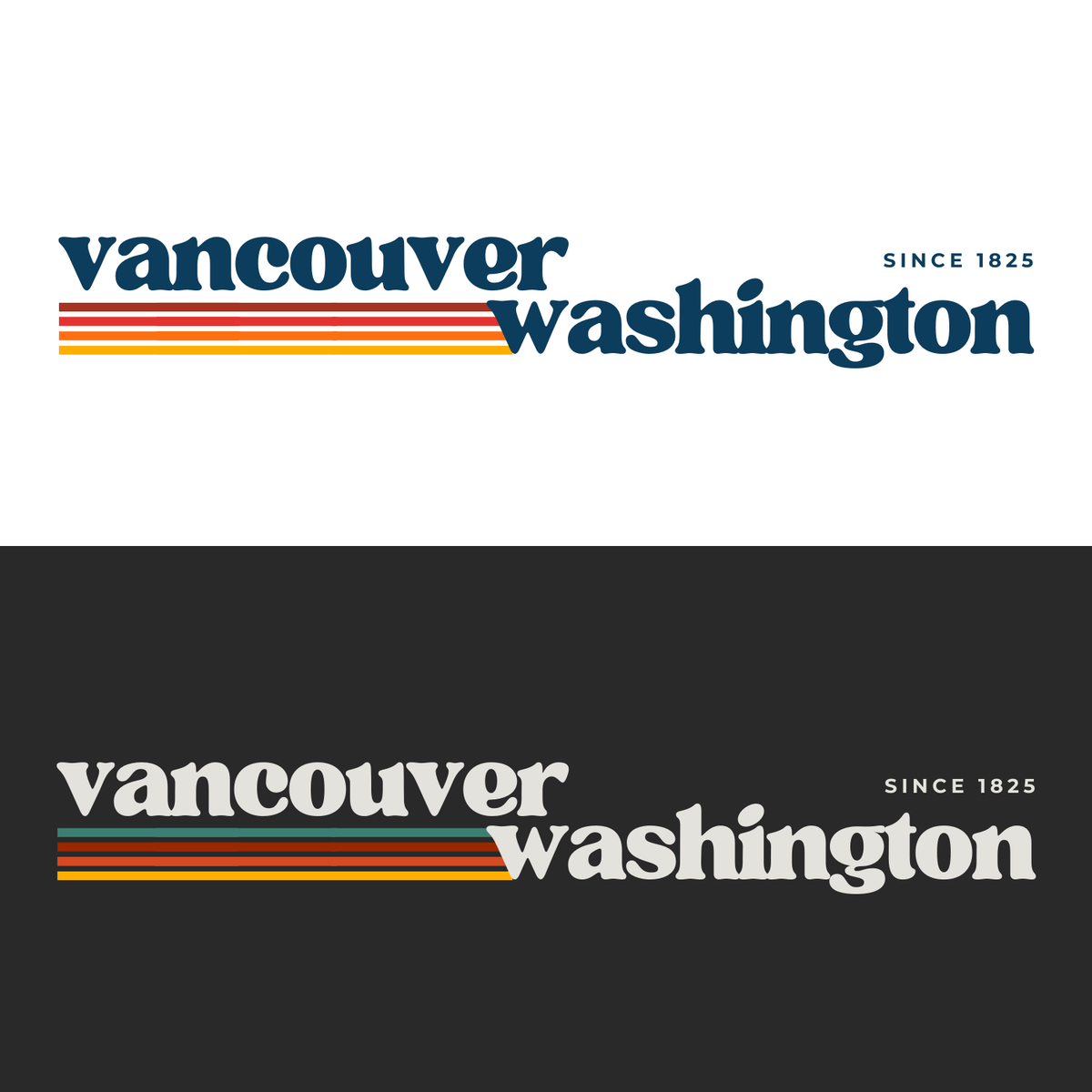 Graphic design featuring retro Vancouver Washington logo with stripes, representing the Pacific Northwest.