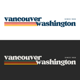Graphic design featuring retro Vancouver Washington logo with stripes, representing the Pacific Northwest.