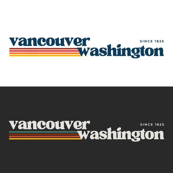 Graphic design featuring retro Vancouver Washington logo with stripes, representing the Pacific Northwest.