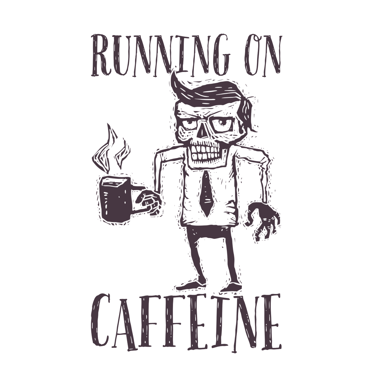 Running on Caffeine T Shirt – Funny Coffee Tee featuring a quirky skeleton holding a mug.