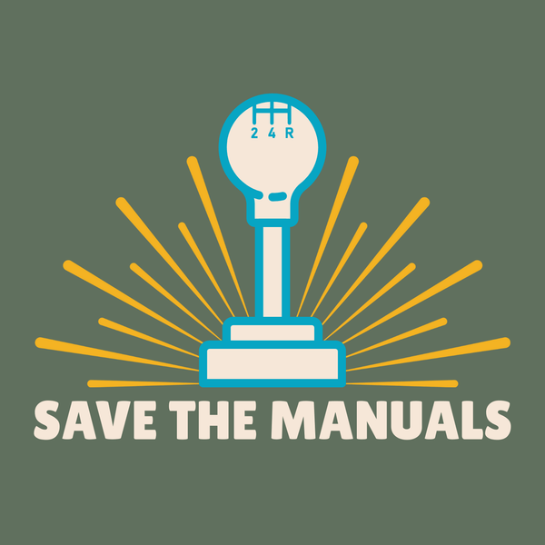 Save the Manuals T Shirt design featuring graphic of a gear shift and bold text 'SAVE THE MANUALS'.