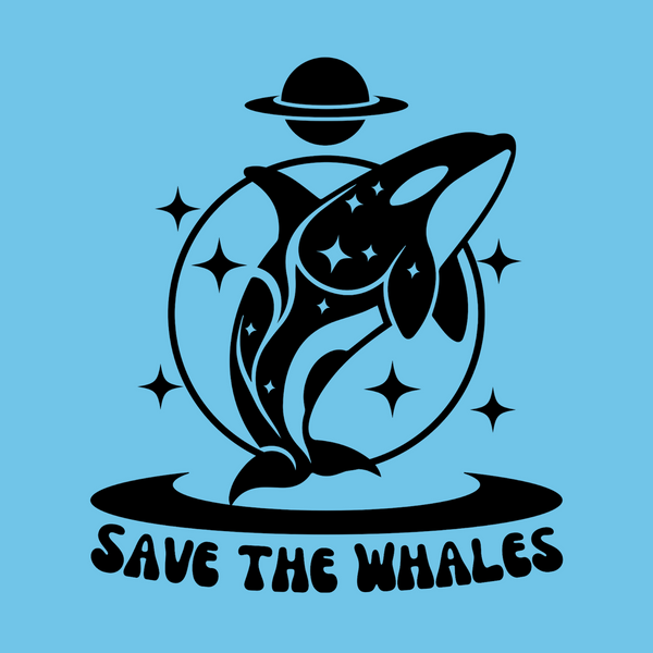 Save the Whales orca graphic design with stars and planet on a blue background, perfect for marine life lovers.
