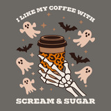 I Like My Coffee with Scream and Sugar Halloween Premium Soft Tee featuring a skeleton hand and coffee cup.