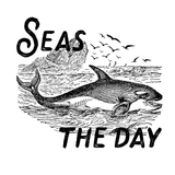 Seas the Day T Shirt design featuring an orca illustration near the ocean with seagulls.