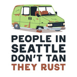 People in Seattle Don't Tan They Rust Lightweight Cozy Blanket featuring a rusty car design and playful text.