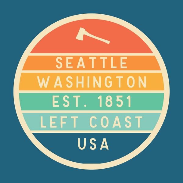 Left Coast Retro Seattle Washington Square Accent Pillow design featuring Seattle WA badge.