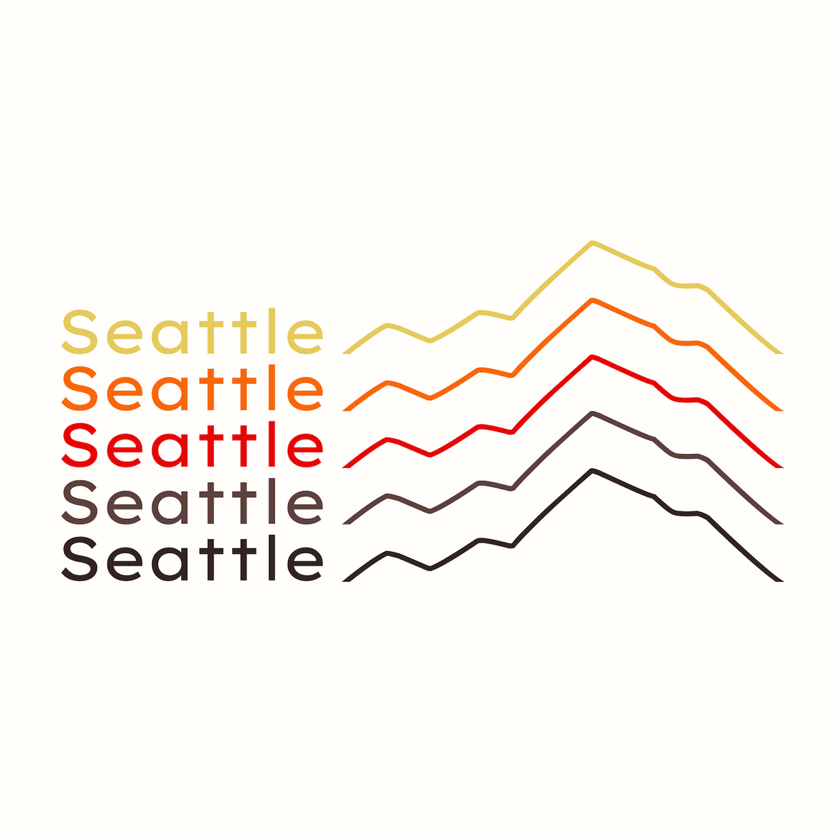 Stylized mountain design featuring the word 'Seattle' in mid-century colors on a minimalist hoodie.