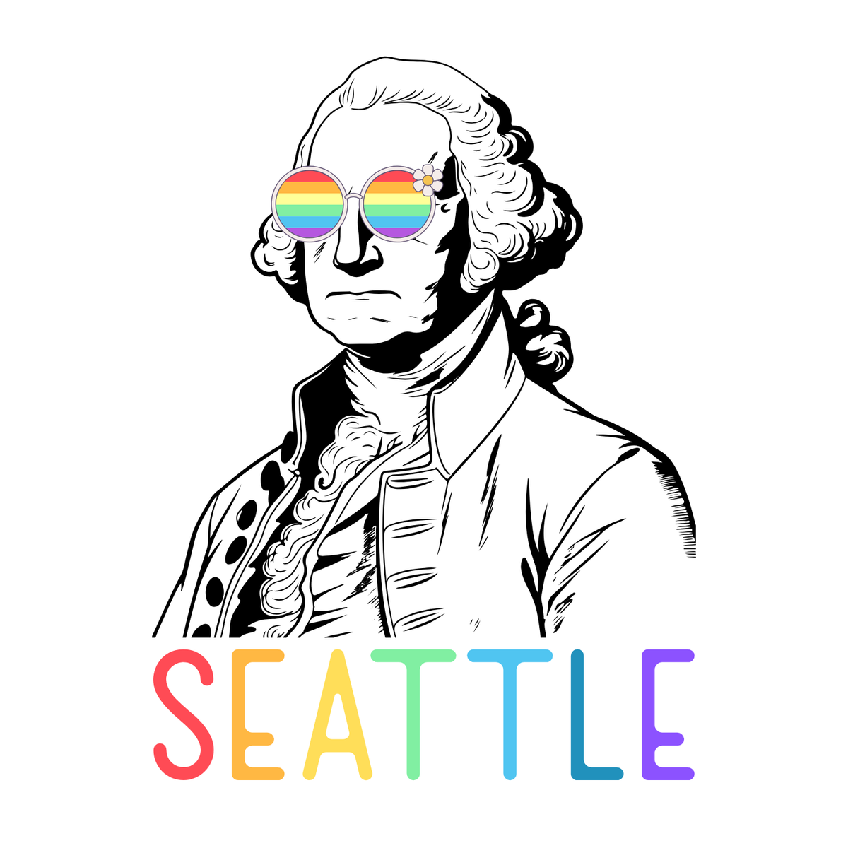 George Washington illustration with rainbow glasses and 'Seattle' text in vibrant colors, celebrating Pride and inclusivity.
