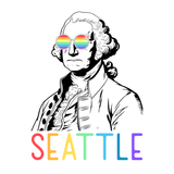 George Washington illustration with rainbow glasses and 'Seattle' text in vibrant colors, celebrating Pride and inclusivity.