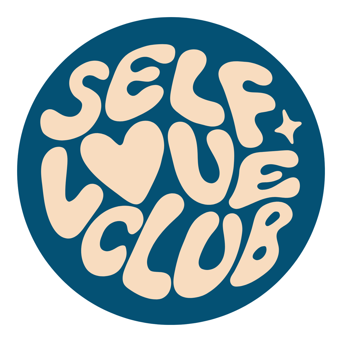Design featuring the phrase 'SELF LOVE CLUB' in playful letters on a teal background.