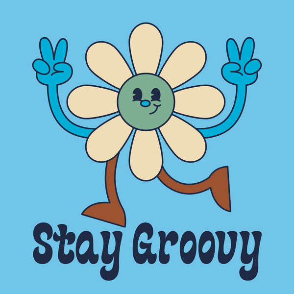 Stay Groovy retro flower design with peace signs, spread positive vibes in a fun 70s-inspired style.