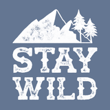 Stay Wild hoodie design featuring a mountain and trees graphic on a blue background.