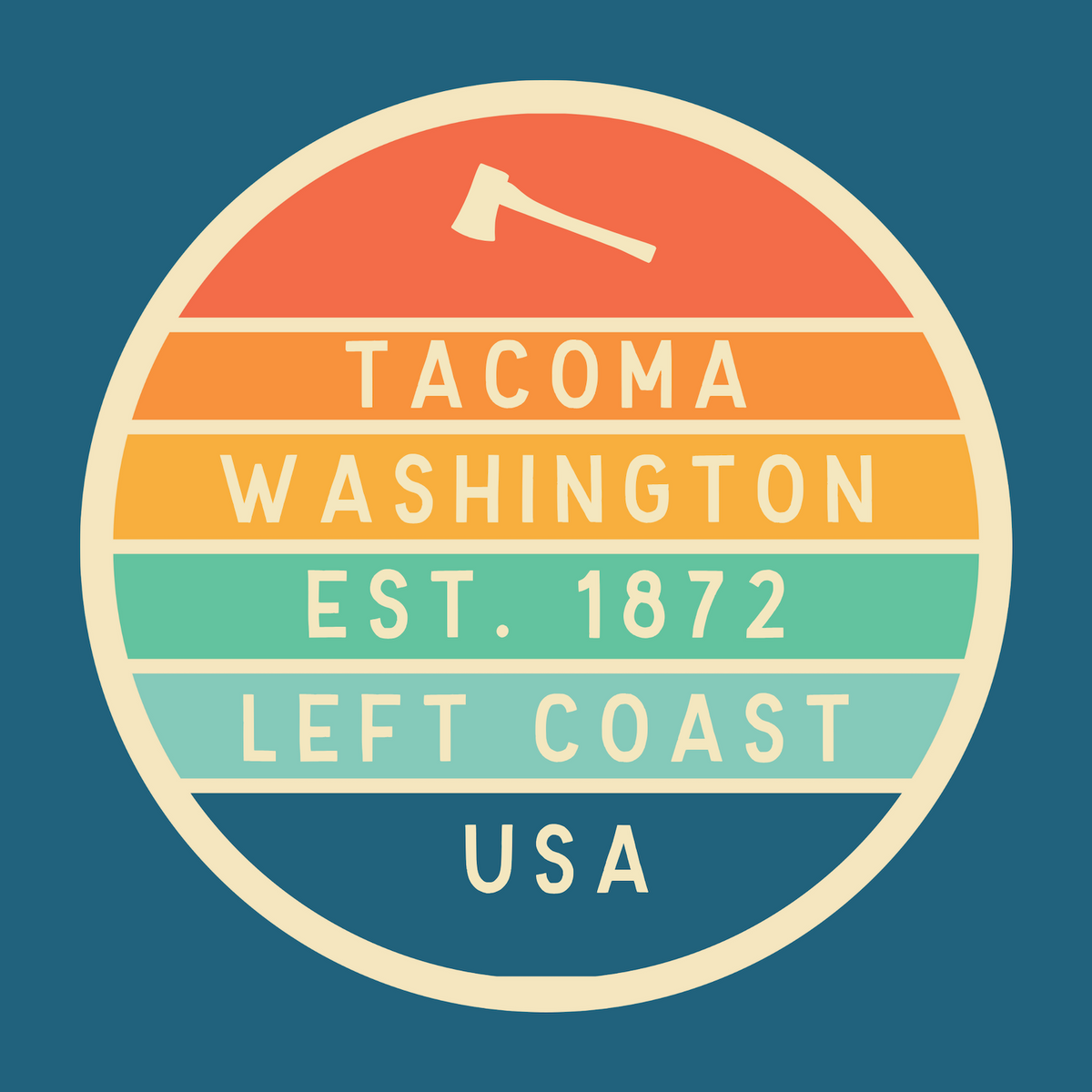 Left Coast Retro Tacoma Washington Square Accent Pillow featuring vintage badge design and vibrant colors.
