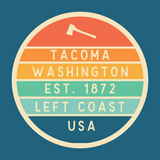 Left Coast Retro Tacoma Washington Square Accent Pillow featuring vintage badge design and vibrant colors.