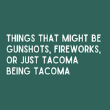 Spiral notebook cover design featuring text about Tacoma sounds like gunshots and fireworks.