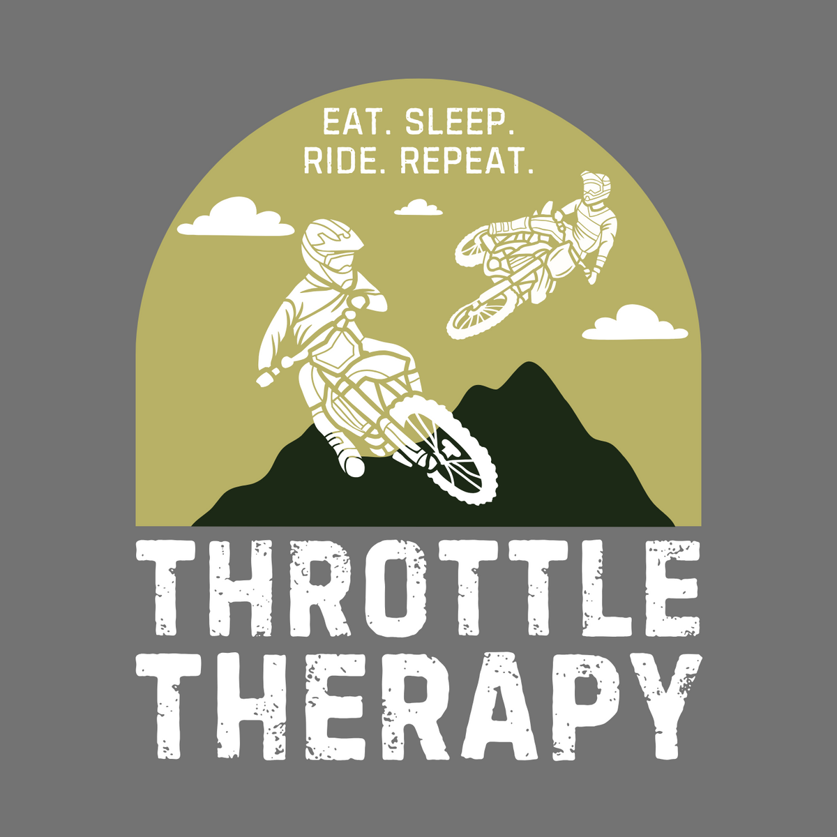 Throttle Therapy tee design featuring dirt bikers and a mountain backdrop, capturing the thrill of motocross adventures.